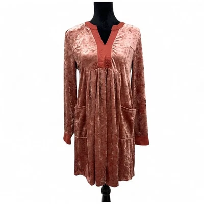 NUEVO Caballete Terciopelo Polvoriento Rosa Maeve Manga Larga Túnica Mini Vestido Bolsillos Para Mujer S Foto 1 de 4