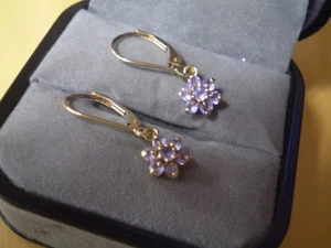 Pair 14K Yellow Gold Ladies Tanzanite Cluster Dangle Earrings 1.4 grams - Picture 1 of 4