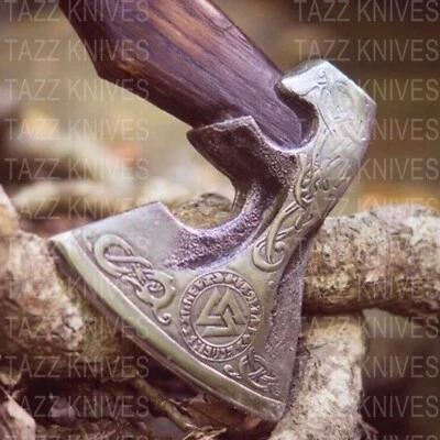CUSTOM HANDMADE FORGED ENGRAVED CARBON STEEL VIKING HATCHET TOMAHAWK HUNTING AXE - Image 1 of 4