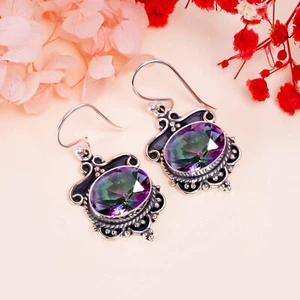 Rainbow Mystic Topaz Gemstone Earring 925 Sterling  Silver Handmade Jewelry. - Picture 1 of 4