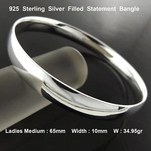 Silver Bangle 925 Sterling Filled Solid 10mm Bracelet Ladies Medium 65mm - Picture 1 of 3