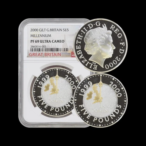 GREAT BRITAIN. 2000, 5 Pounds, Silver - NGC PF69 - Millennium Proof Gilt RARE Cover