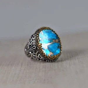 Solid 925 Sterling Silver Natural Blue Turquoise Gemstone Christmas Men's Ring - Picture 1 of 12