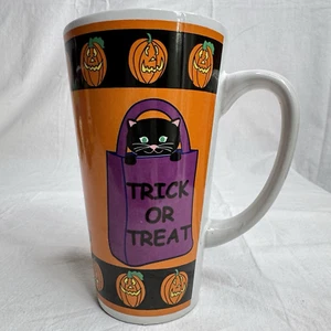 VTG HALLOWEEN Tall COFFEE MUG Cup BLACK CAT Pumpkin JACK-O-LANTERN ~ 1980s - Picture 1 of 9