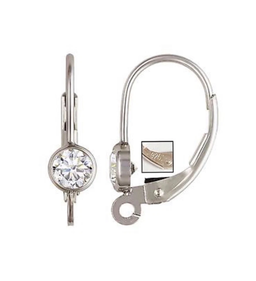 2pcs 925 Sterling Silver 4mm White CZ Bezel Leverback Ear Wires with Ring - Image 1 of 1