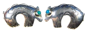 NATIVE AMERICAN STERLING Stamped TURQUOISE HANDMADE Vintage Post BEAR EARRINGS - Picture 1 of 2