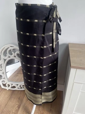 Ying Thai Silk Elephant Wrap-Around Skirt Ladies Black Gold Ethnic Boho Folk - Image 1 of 4
