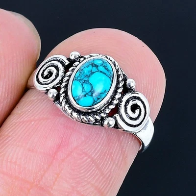 Anillo Hecho a Mano Turquesa Tibetana Chapado en Plata 925 de EE. UU. Talla 6 Foto 1 de 3