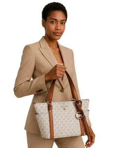 Michael Kors Sullivan Tote Bag  Vanilla Acorn Chic Convertible Style Logo Tassel - Picture 1 of 13