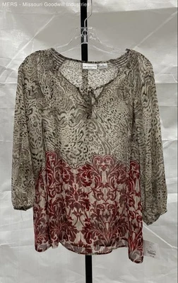 Camisa Blusa Boho Liz Claiborne Mujer Taupe Estampado Multi Animal - Talla Pequeña PL Foto 1 de 4