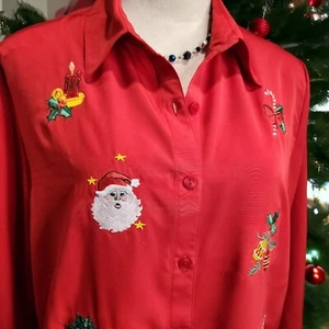 Blusa Blair Navidad Apliques Bordados Roja Abotonada Manga Larga Talla M - Imagen 1 de 9