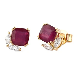 Solid 18K Yellow Gold Genuine Natural Ruby and Diamond Stud Earrings BMG Jewelry - Picture 1 of 7