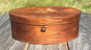Antique Shaker Wooden Oval Sewing Box w/Lid Finger Banding Brocade Fabric Lined - Picture 1 of 1