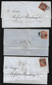 IRLANDA REINO UNIDO 1854 7 TRES CUBIERTAS FRANQUEADO REINA 1p IMPERF ON AZULADO & 1p PERF TODAS 3 - Imagen 1 de 2