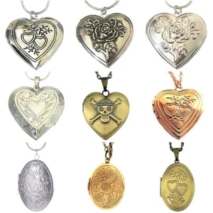 Silver Bronze Oval Heart Photo Locket Pendant Necklace Chain Victorian Vintage - Picture 1 of 29