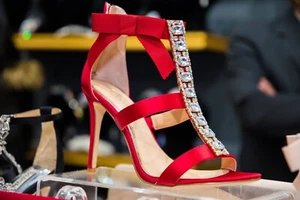 Red Satin High Heel Sandals W/ Rhinestone Straps & Bow Detail Back Zipper Closur - Picture 1 of 23