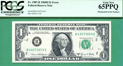 ERROR MISMATCHED SERIAL - 1969D $1 FRN - PCGS GEM 65 PPQ - MISMATCH SERIAL ERROR - Image 1 of 2