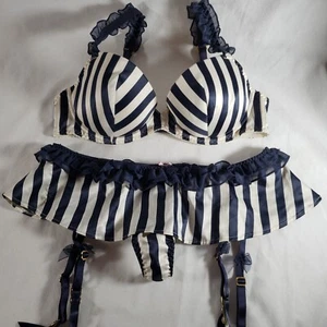 Victoria's Secret Satin Bra Skirted Thong Garter Set 36C Small Blue White Stripe - Picture 1 of 7