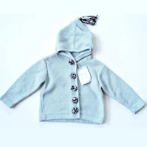 Bella Bliss Baby Blue Hooded Cotton Knit Cardigan Pom Poms Tassel Sz 18 mos NWT - Picture 1 of 10