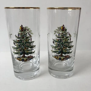 Spode Christmas Tree Santa Gold Rim Highball Glasses 6 1/4" Tall 16 oz Set of 2 - Picture 1 of 9