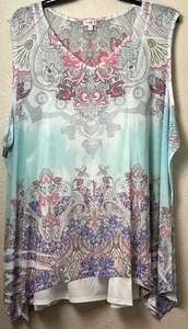 AVENUE Women’s Size 30/32 Tank Top Teal Blue Purple Floral Chiffon Overlay Flowy - Picture 1 of 15
