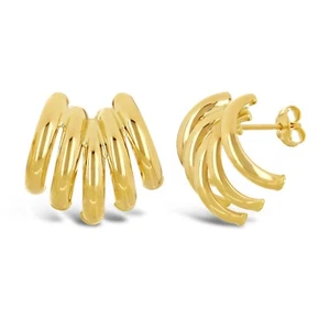 Italian 14k Yellow Gold Macaroni Cuffed Quarter Hoop Stud Earrings 17mmx17.8mm - Picture 1 of 6