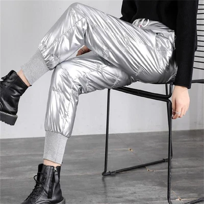 Lady Metallic Shiny Puffer Pants Thick Quilted Padded Tapered Cargo Party Slim - Imagem 1 de 4