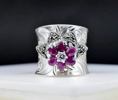 925 Sterling Silver Unheated Natural Ruby Flower Symbol Adjustable Ring 10 GM - Image 1 of 4