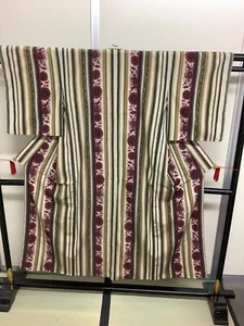 Japanese Vintage Kimono wool gray tradition stripe flower Height 59.05inch - Picture 1 of 20