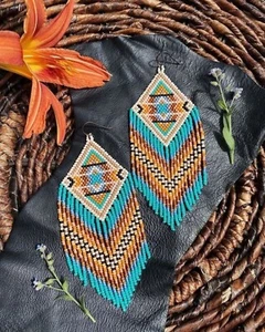Tribal Earrings Native Large Boho American Seed Beads Handmade Earring - Picture 1 of 2