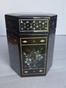 Vtg Mother of Pearl Inlay Chinese Black Hexagon Lacquerware Flower Jewelry Box