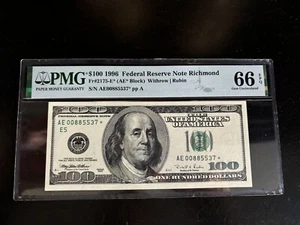 DBR 1996 $100 FRN Richmond STAR Gem Fr. 2175-E* PMG 66 EPQ Serial AE00885537* - Picture 1 of 2