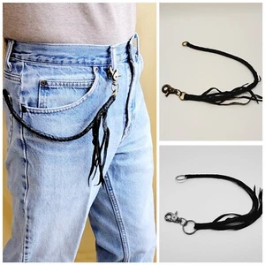Black Braided Leather Chain Lanyard Brass Silver Biker Trucker Wallet Handmade - Picture 1 of 11