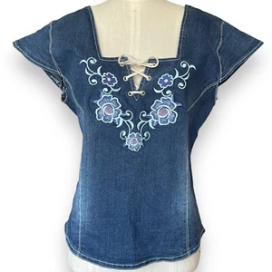 Corsé vintage Y2K de mezclilla bordada flor corbata gorra frontal manga top talla mediana - Imagen 1 de 3