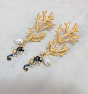 "Under the Sea" Gold Coral & Pearl Statement Earrings - Picture 1 of 3