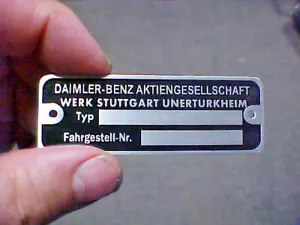 Daimler - Benz Mercedes Data Plate Acid Etched Aluminum German built cars - Bild 1 von 1
