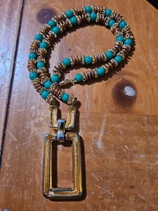 Signed Vintage Castlecliff Goddess Necklace Jade colored Beads Gold Tone Spacers - Picture 1 of 24
