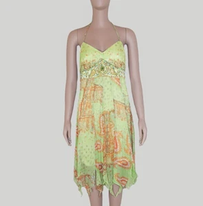 Sue Wong Green Bohemian Beaded Halter Dress Size 10 Vacation Midi Ruffle Dress - Picture 1 of 5