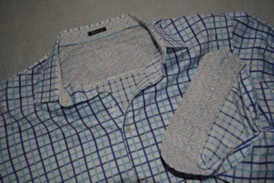 46715-a Bugatchi Uomo Dress Shirt Classic Flip Cuffs Blue Plaid Size XL Mens - Image 1 of 4