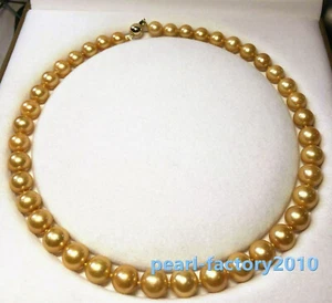 AAAAA 9-10 mm Natural round south sea golden pearl necklace 18" 14K Gold - Picture 1 of 2