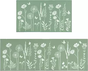 Sage Green Kitchen Mat Rug Set of 2- Plant Floral Butterfly Kitchen Rugs - Picture 1 of 7