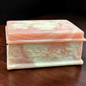Incolay Stone Trinket Box Pink Swirl Floral Cameo Jewelry Box Hinge Lid USA Made - Picture 1 of 20