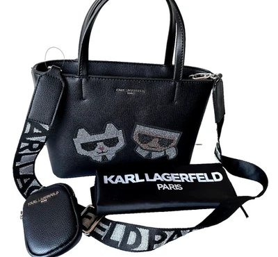 NWT $228 KARL LAGERFELD Black Maybelle Satchel Handbag With Rhinestones Logo - Image 1 of 4