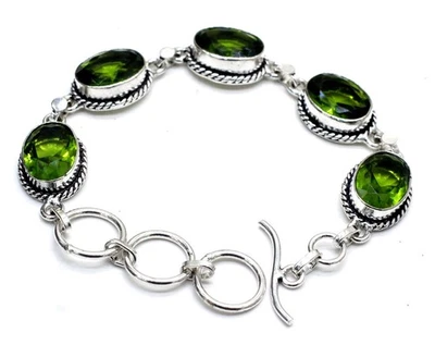 Green Peridot Gemstone Handmade 925 Sterling Silver Jewelry Bracelet Size 7-8" - Image 1 of 2
