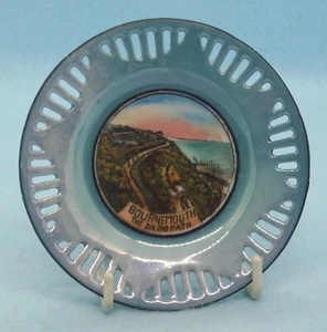 Souvenir Plate Bournemouth Zig Zag Path Trinket Dish Lusterware Blue Small Slits - Picture 1 of 3