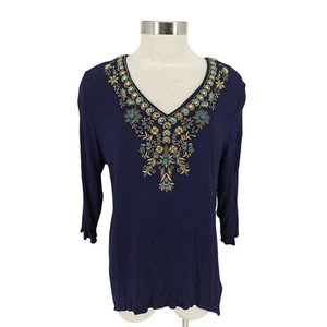 Soft Surroundings Paulina Gauze Shirt Navy 3/4 Sleeve Beaded V Neck Top Large - Picture 1 of 9