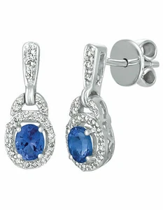 LeVian 14K White Gold Tanzanite 0.88 TCW Diamond Halo Dangle Drop Earrings Gift - Picture 1 of 3