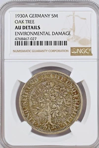 1930-A Germany .500 Silver 5 Marks Oak Tree NGC AU KM#56 Weimar Republic Berlin - Picture 1 of 2