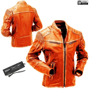 Chaqueta de Cuero Real Envejecida Para Hombre Naranja De Colección Motocicleta Café Corredor - Imagen 1 de 10