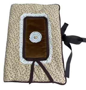 Vtg 70's Quilted Handmade Fold Cosmetic Travel Toiletry Bag Brown Floral - Picture 1 of 10